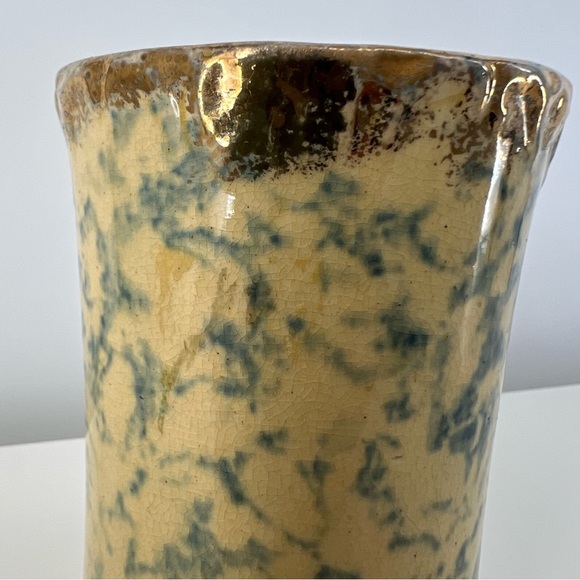 Vintage Small Blue Yellow Spongeware Stoneware Pitcher Vase Ceramic Piece - Picture 5 of 16